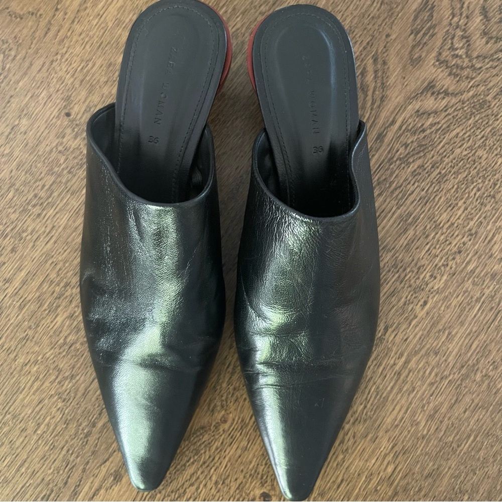 Zara black leather pointed toe mules